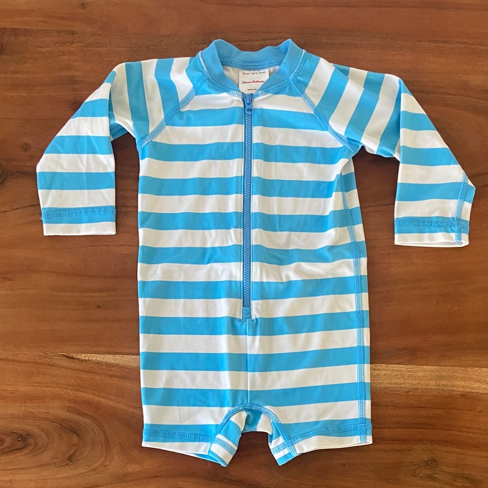 Hanna Andersson Blue and White Striped Kids Rash Guard One-Piece